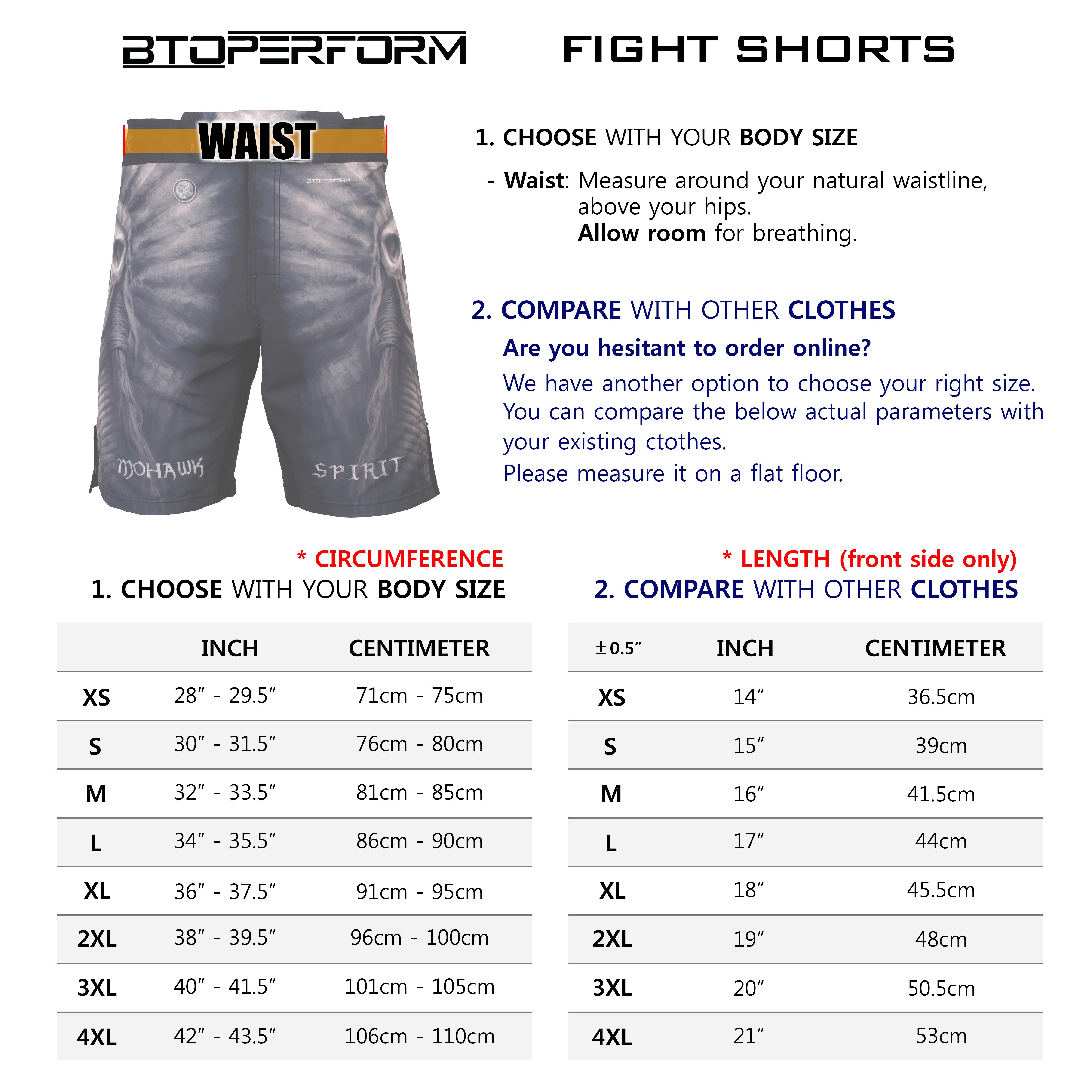 Btoperform Fight Shorts Sizing Chart