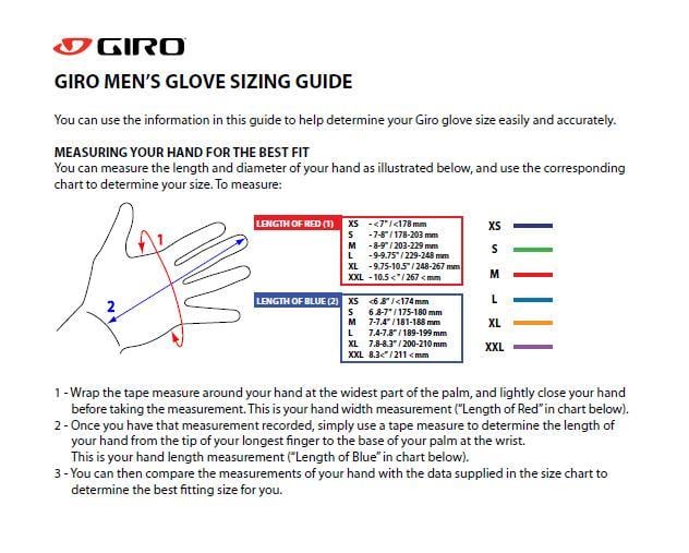 giro mens gloves cycling chart
